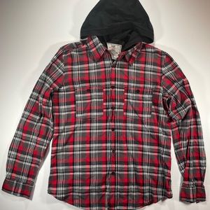 Chor long Sleeve Hooded Red & Black Plaid 100% Cotton Button Down - Size Small